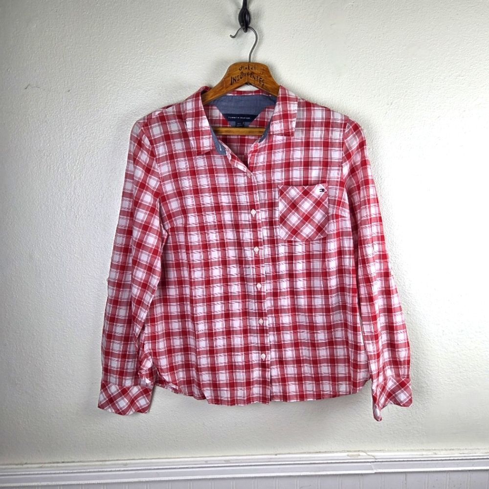 Tommy Hilfiger Women's Red White Plaid Button Up Shirt Large Roll Tab Cotton